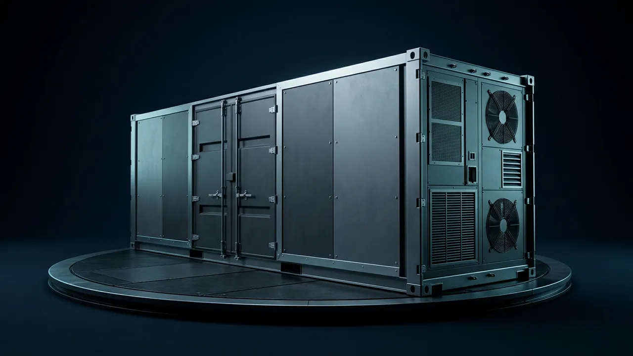 Style frame: 3D battery storage container on a turning trade-show plinth