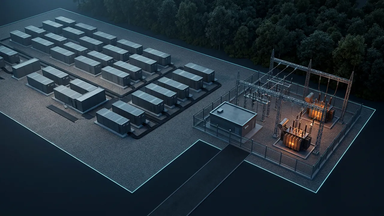 Style frame: 3D aerial visualization of a BESS yard beside a substation